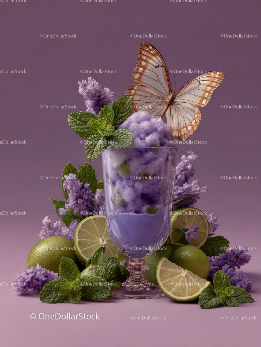 Refreshing Purple Cocktail Garnished with Mint and Lime