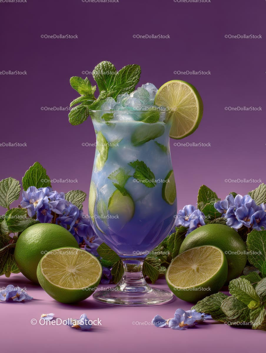 Refreshing Purple Cocktail Garnished with Mint and Lime