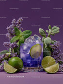 Lavender Cocktail with Lime and Mint on Purple Background