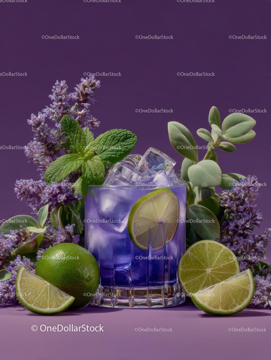 Lavender Cocktail with Lime and Mint on Purple Background