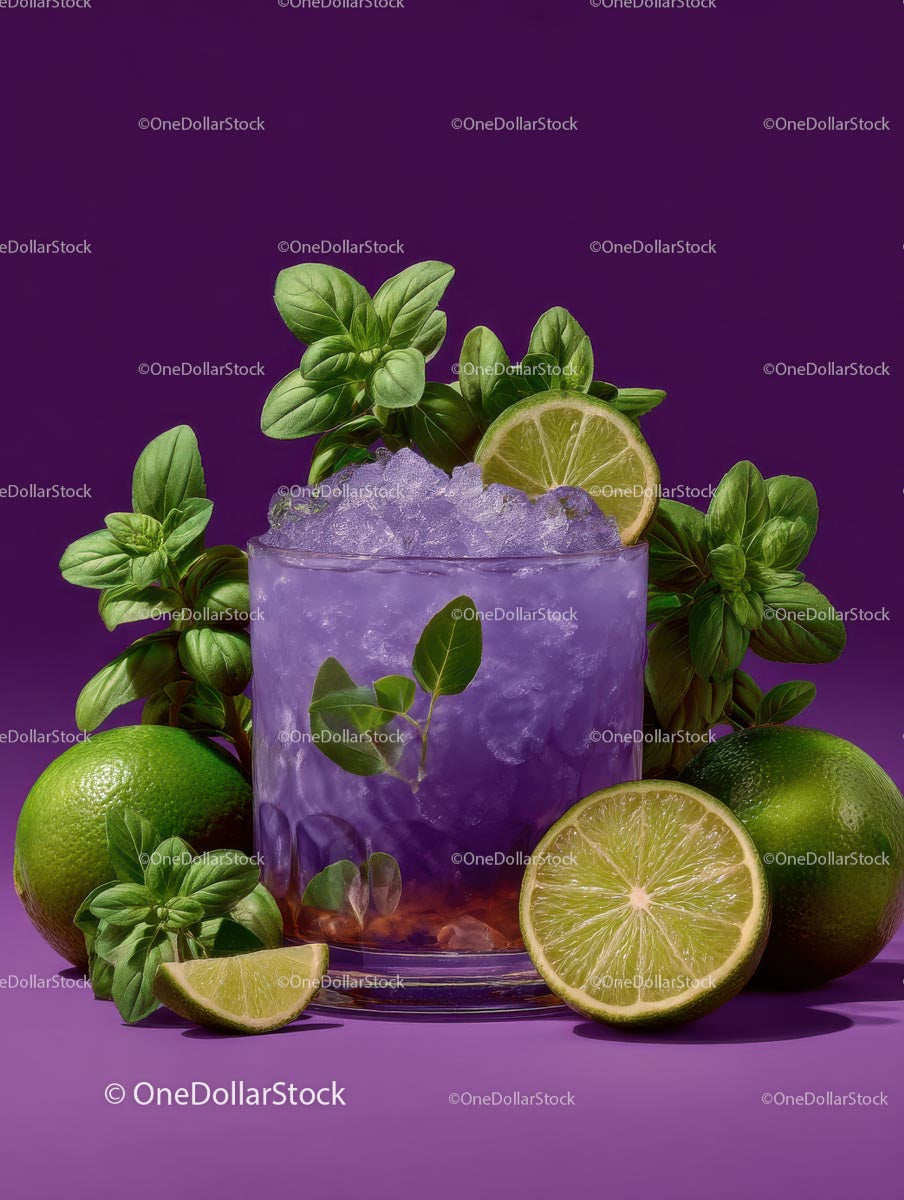 Refreshing Purple Cocktail Garnished with Mint and Lime