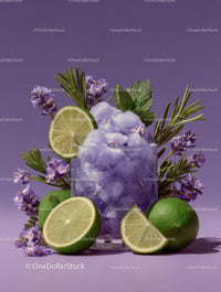 Refreshing Purple Cocktail Garnished with Mint and Lime