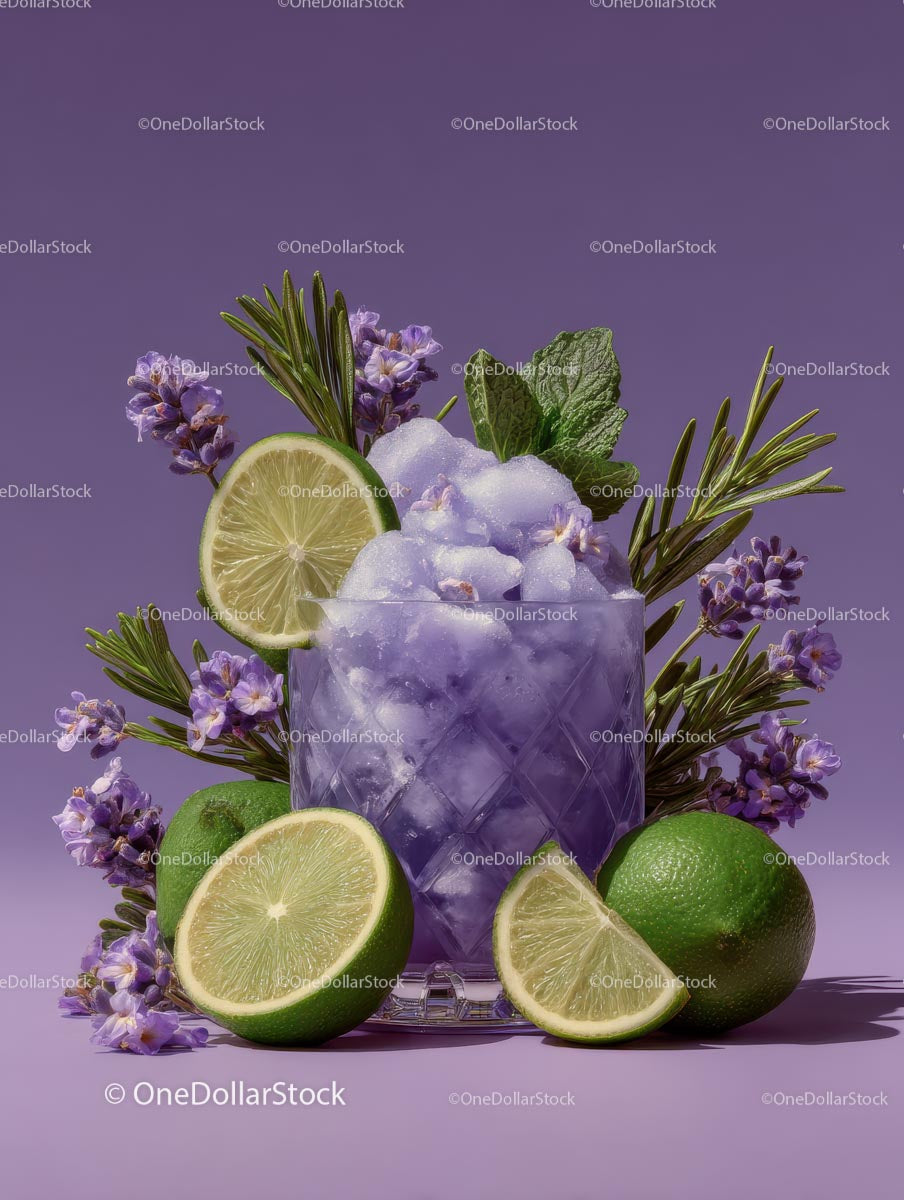 Refreshing Purple Cocktail Garnished with Mint and Lime