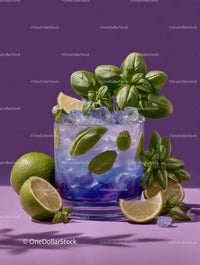 Refreshing Purple Cocktail Garnished with Mint and Lime