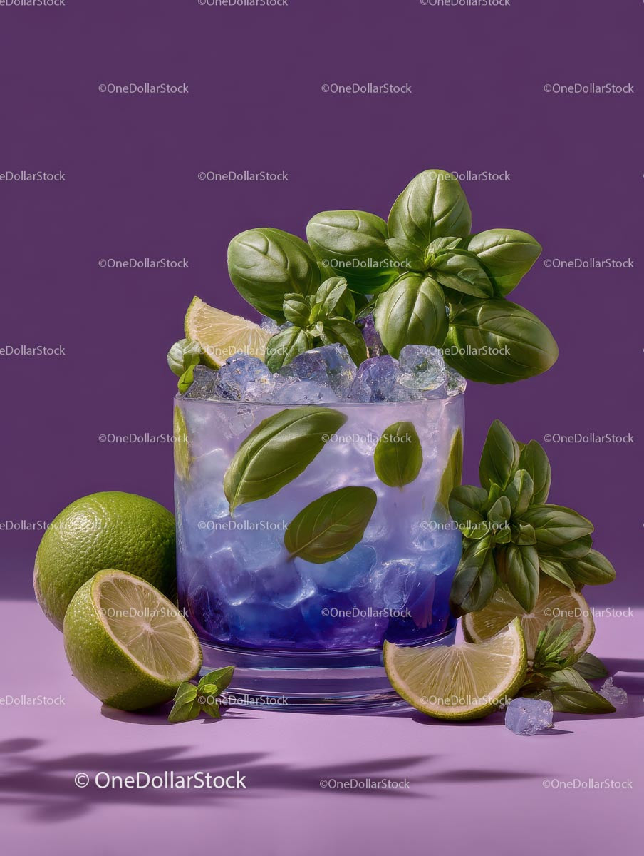 Refreshing Purple Cocktail Garnished with Mint and Lime
