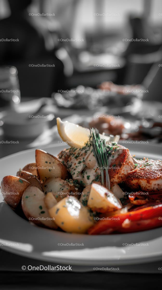 Grilled Salmon with Roasted Potatoes and Lemon Garnish