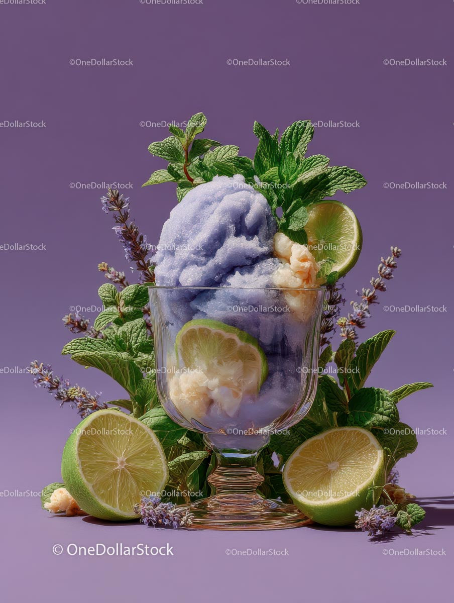 Refreshing Purple Cocktail Garnished with Mint and Lime