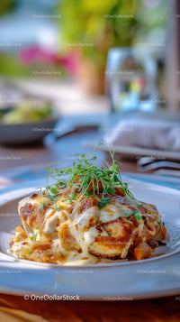 Gourmet Chicken Dish with Creamy Sauce and Microgreens