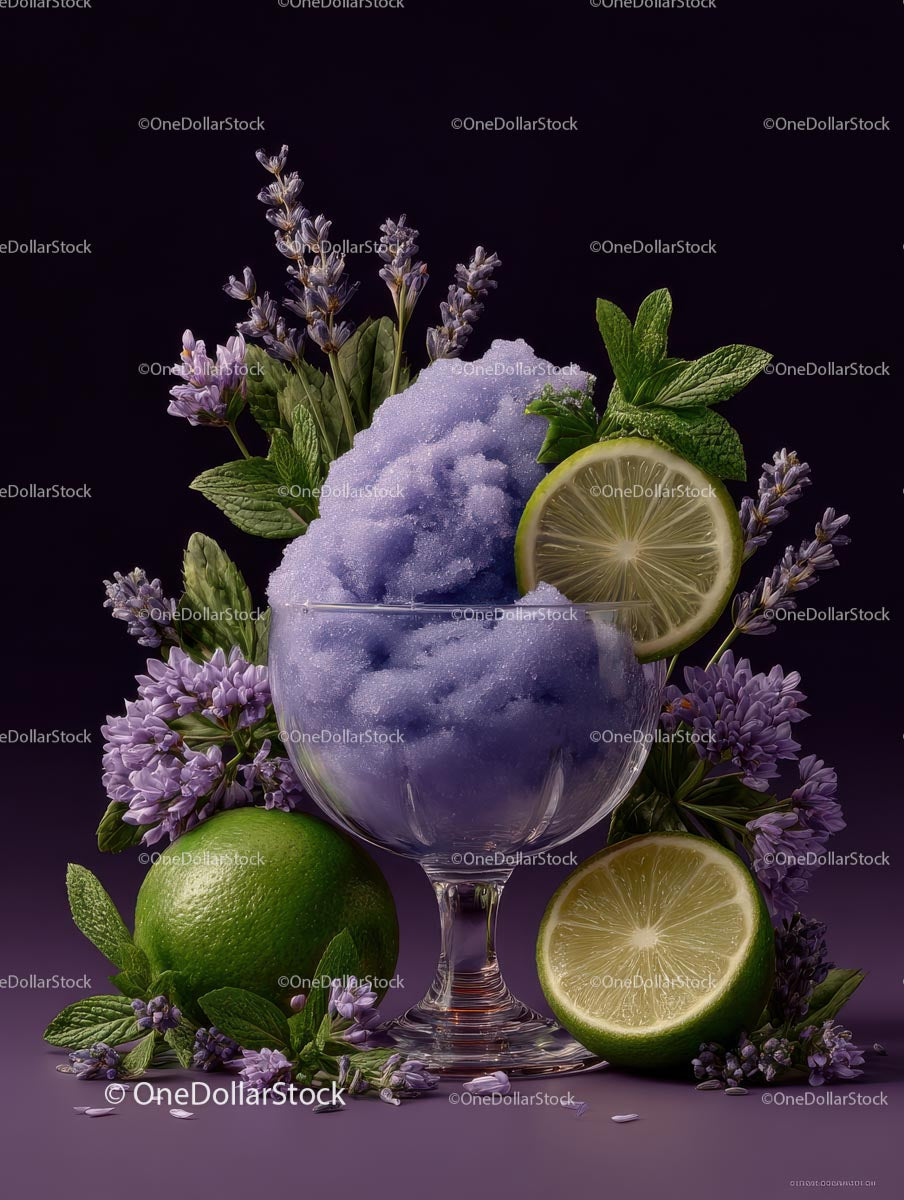 Refreshing Purple Cocktail Garnished with Mint and Lime
