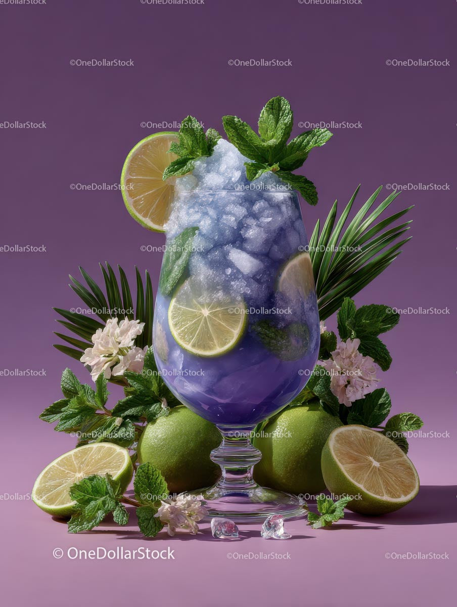 Refreshing Purple Cocktail Garnished with Mint and Lime
