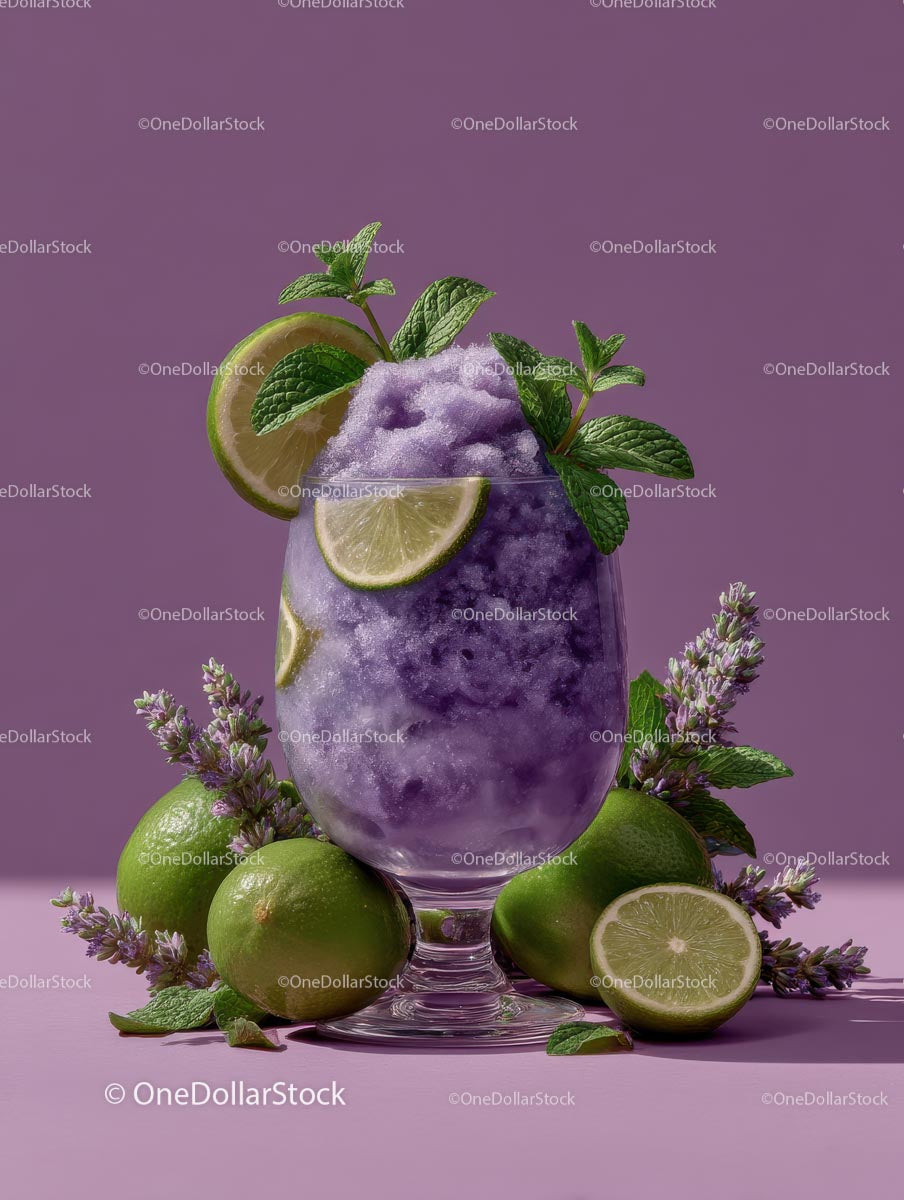 Fioletowy slush z dodatkiem limonki i mięty na lawendowym tle