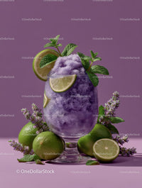 Refreshing Purple Cocktail Garnished with Mint and Lime