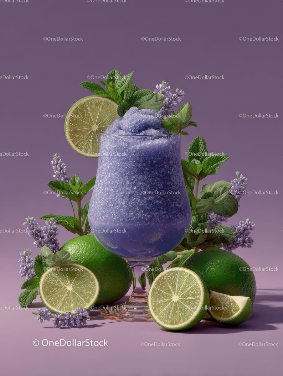 Refreshing Purple Cocktail Garnished with Mint and Lime