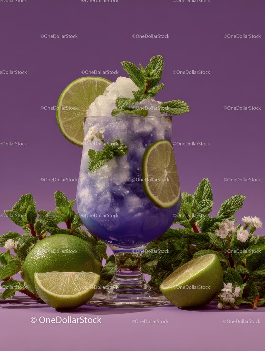 Refreshing Purple Cocktail Garnished with Mint and Lime