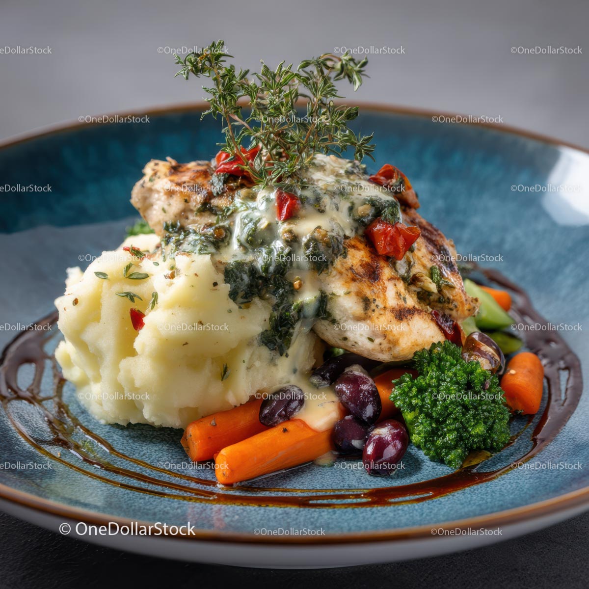 Grillowany kurczak z kremowym sosem ziołowym i puree ziemniaczanym