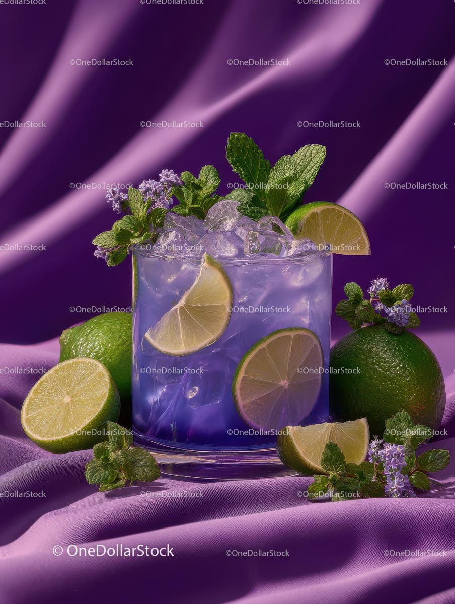 Refreshing Purple Cocktail Garnished with Mint and Lime