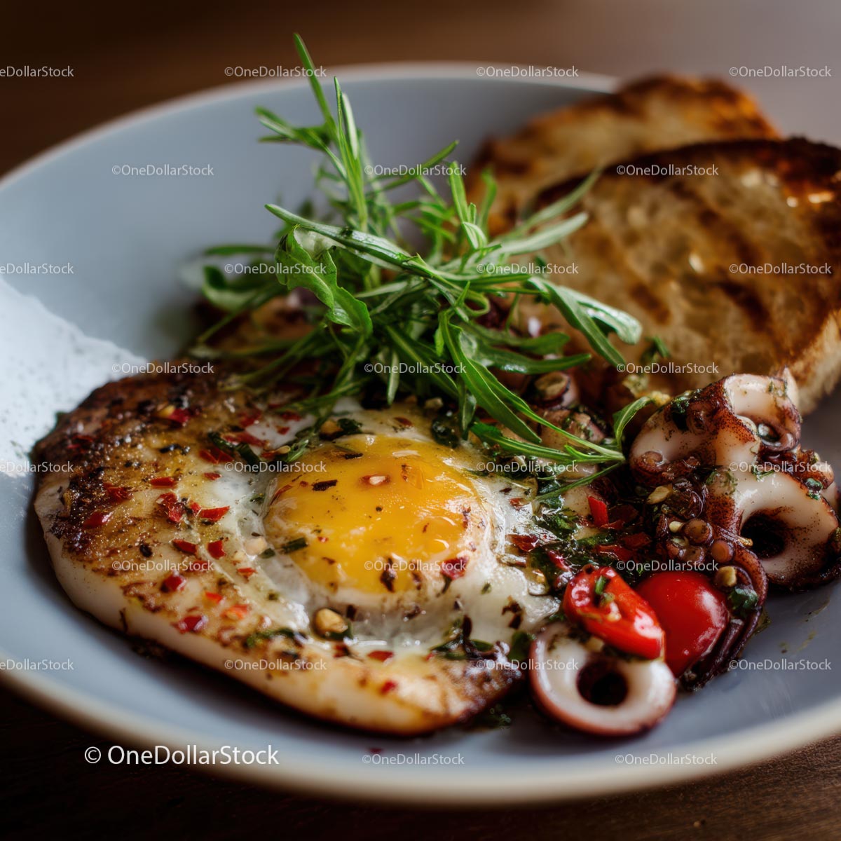 Gourmet Breakfast with Fried Egg and Squid Rings