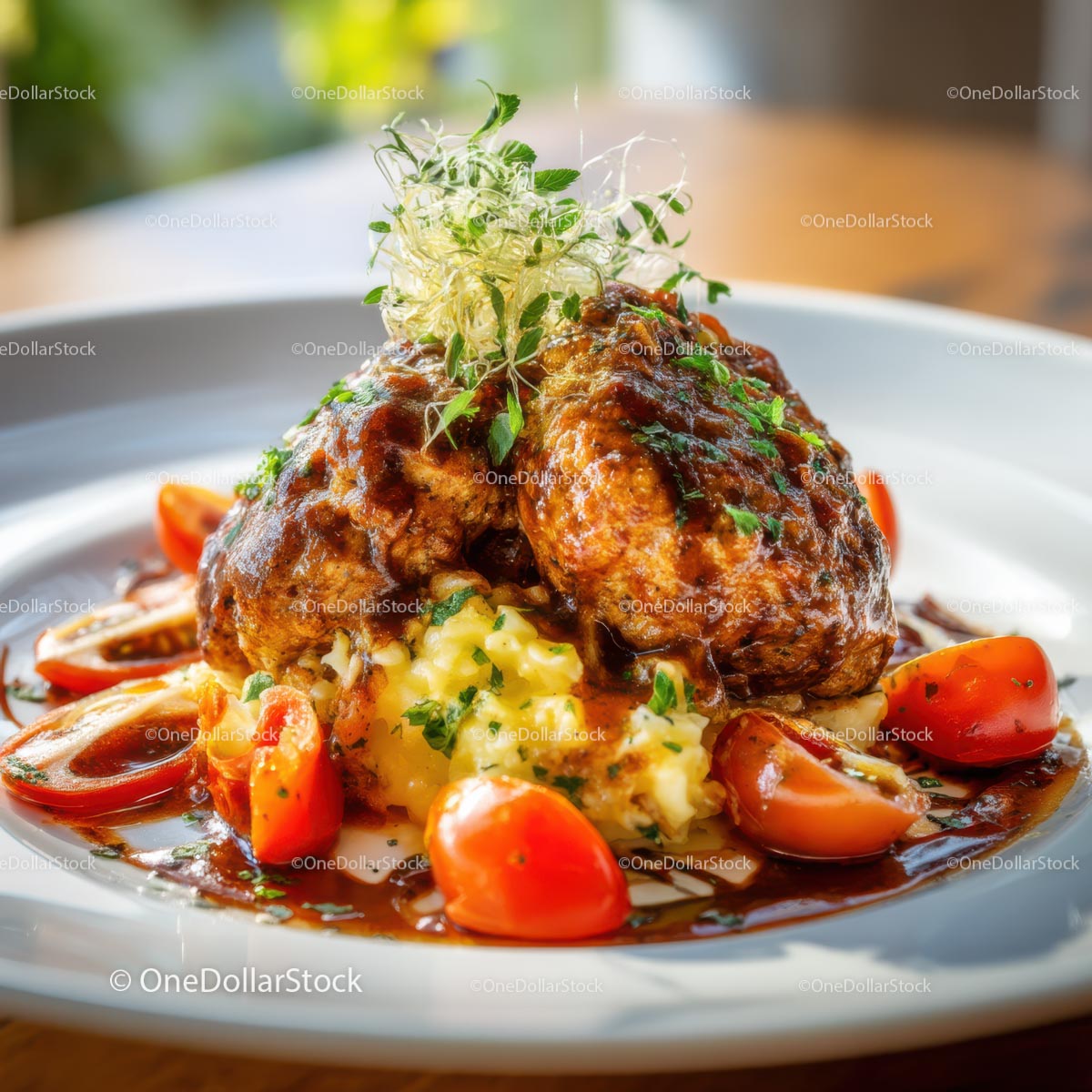 Gourmet Meat Dish with Mashed Potatoes and Tomatoes