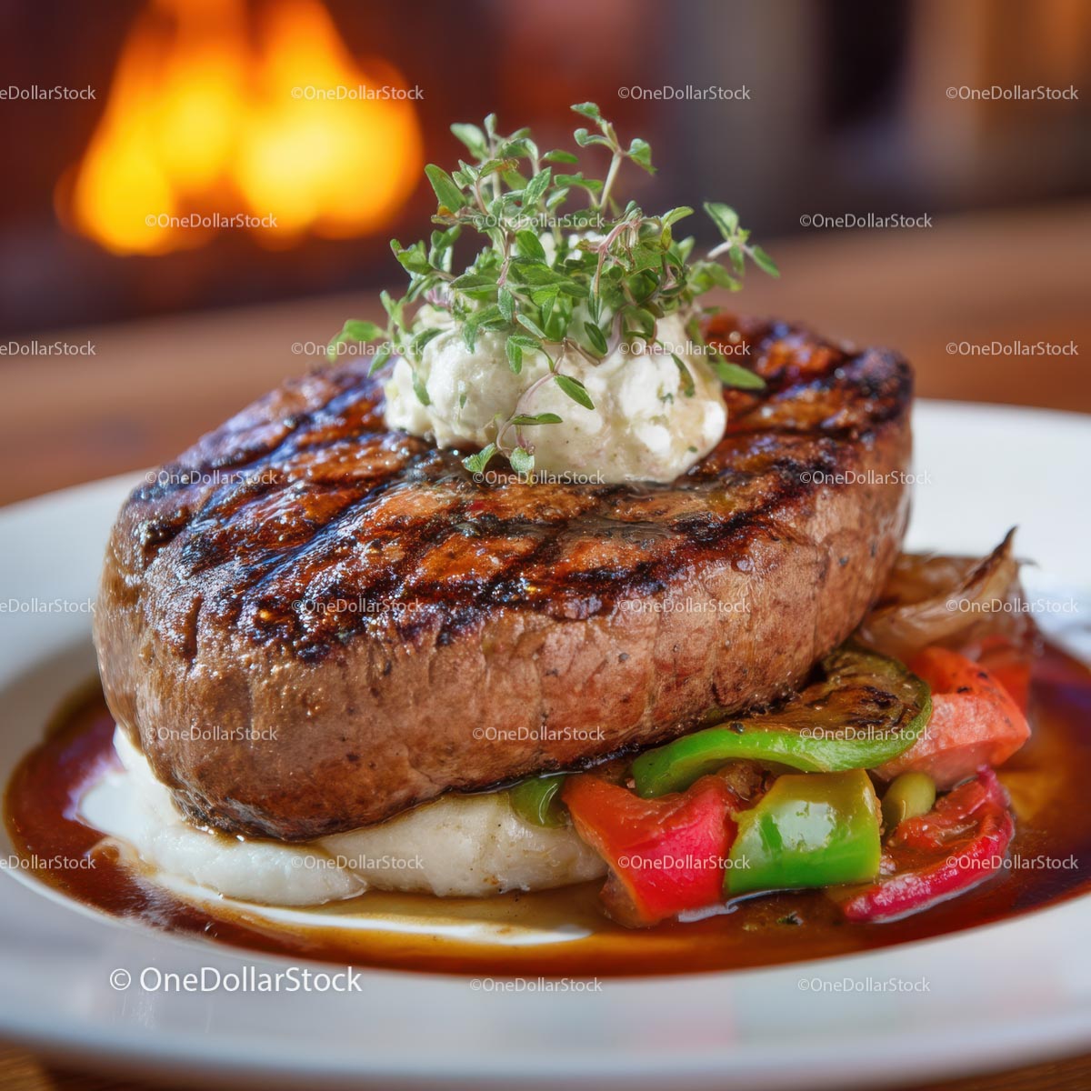 Grilled Steak with Herbs and Vegetables on Plate