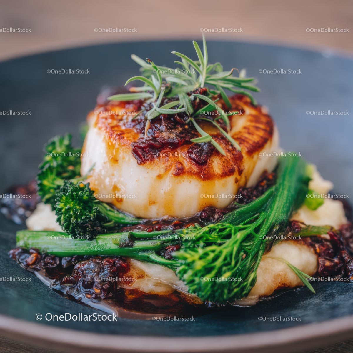 Gourmet Seared Scallop with Broccoli in Fine Dining Presentation
