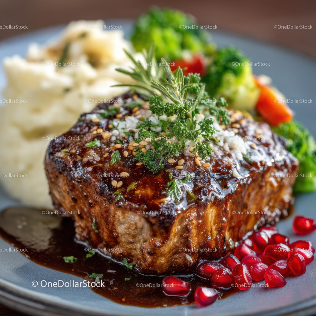 Grillowany stek z puree ziemniaczanym i świeżymi ziołami
