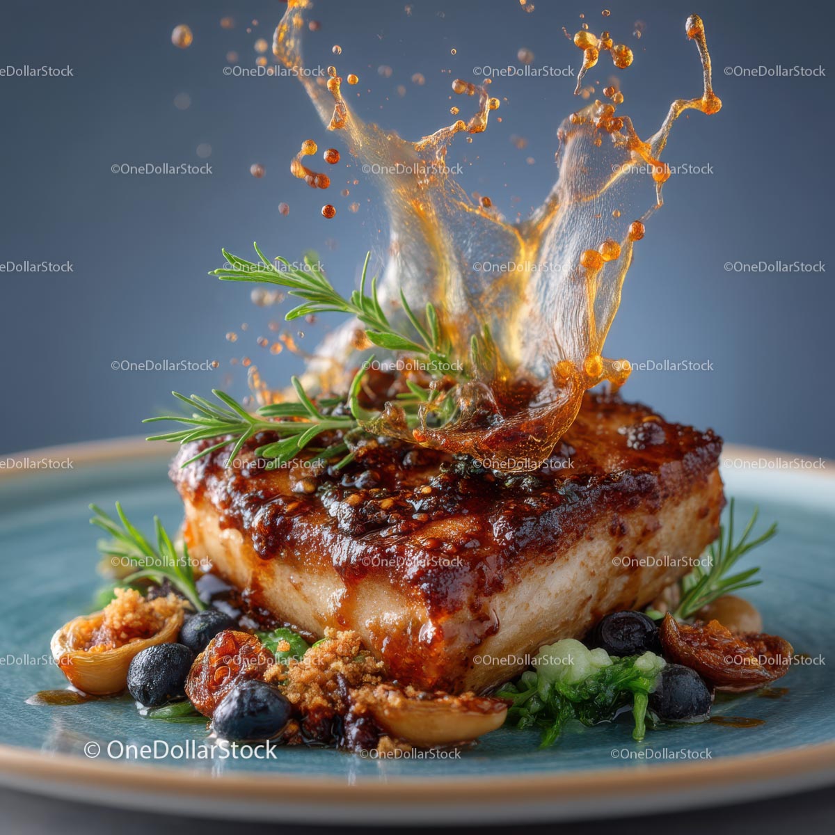 Gourmet Dish with Rosemary and Caramel Splash