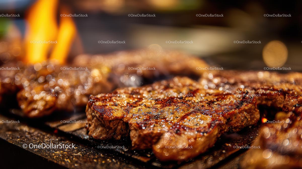 Juicy Steak Sizzling on a Flaming Grill