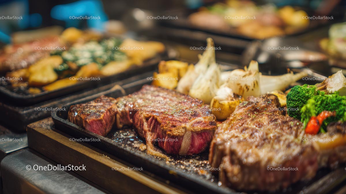 Juicy Grilled Steak with Roasted Vegetables on Hot Platter
