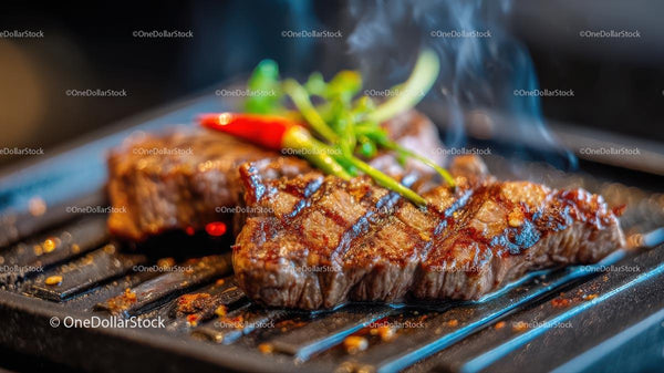 Juicy Grilled Steak with Pepper Garnish on Hot Grill