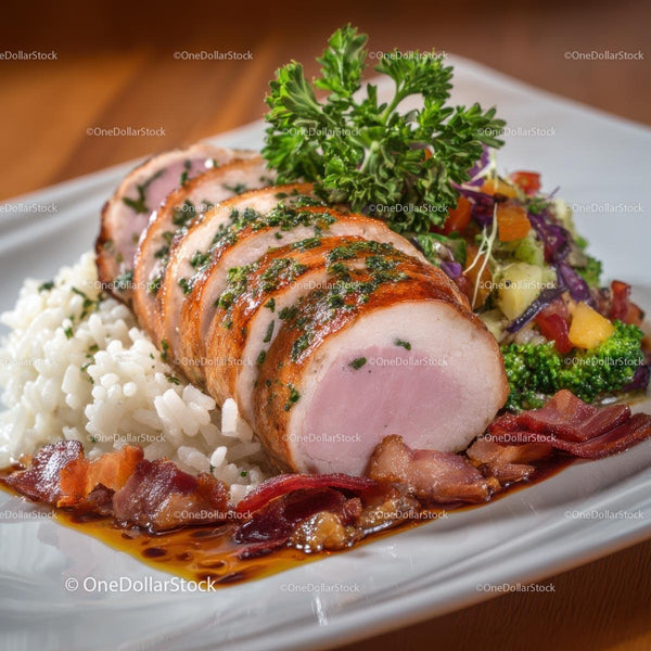 Gourmet Pork Tenderloin with Herb Garnish and Rice