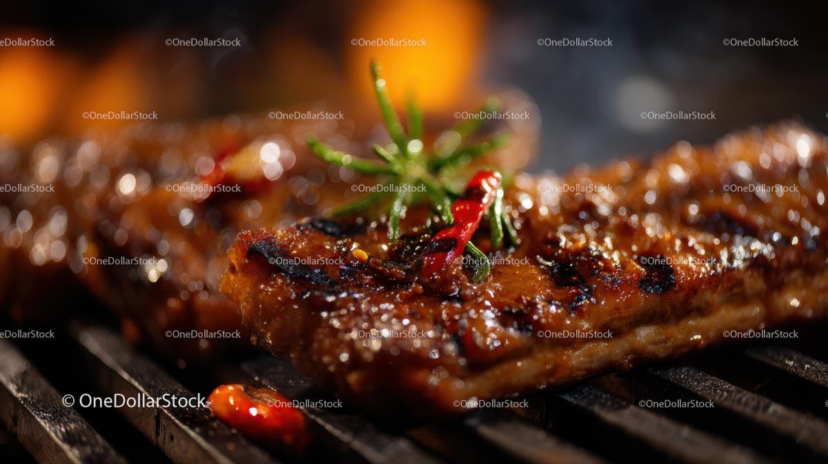 Juicy Grilled Steak with Rosemary on Barbecue Grill