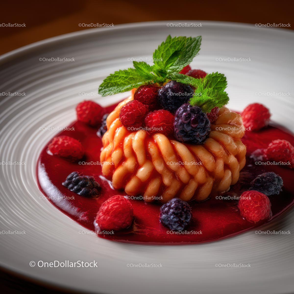 Gourmet Dessert with Berries and Mint Garnish