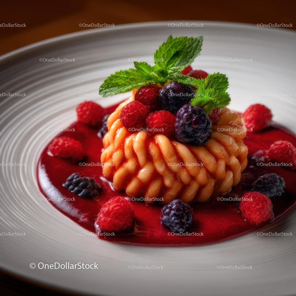 Gourmet Dessert with Berries and Mint Garnish