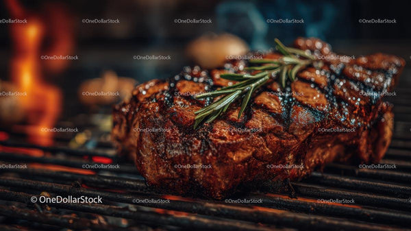 Sizzling Grilled Steak with Fresh Rosemary on Barbecue
