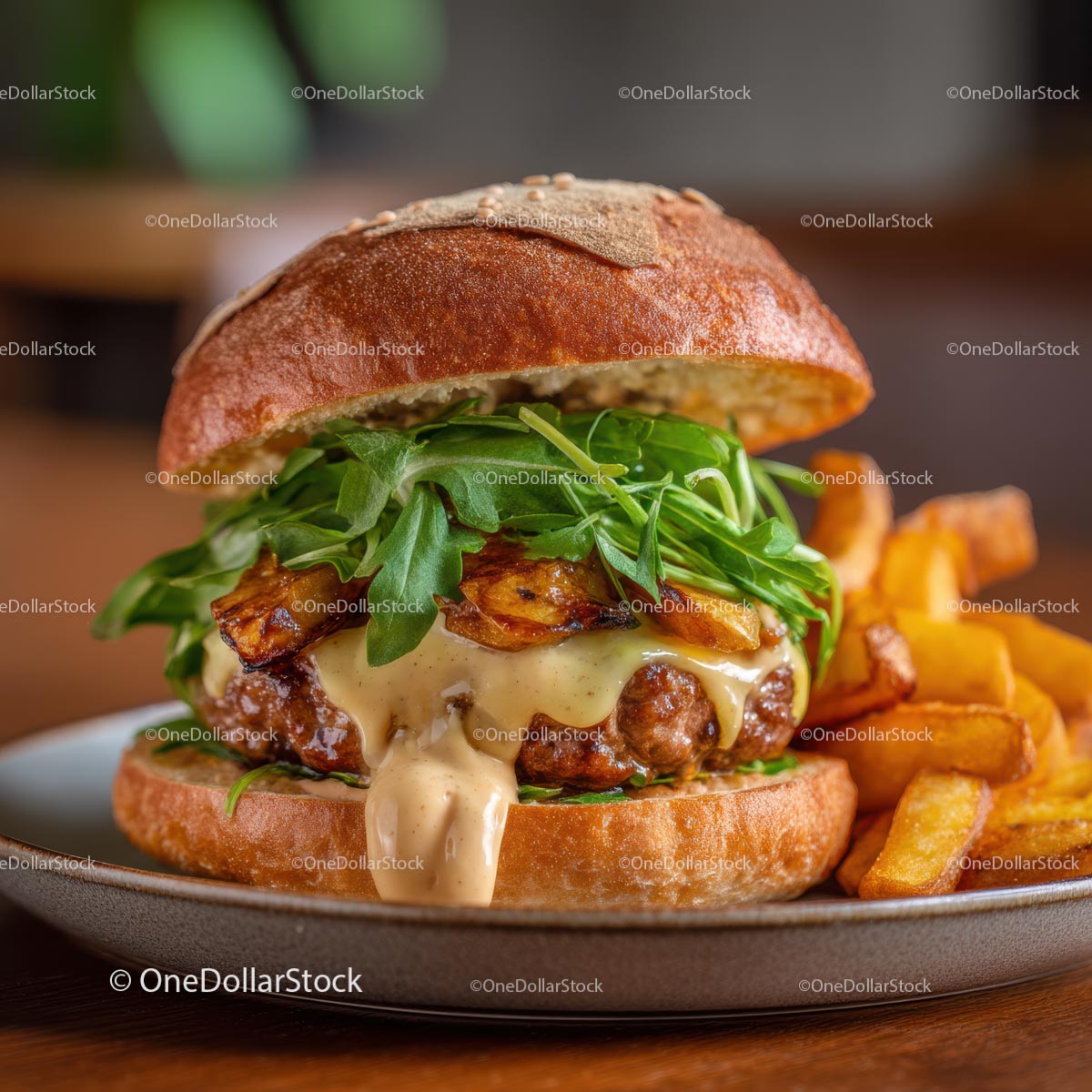 Gourmet Burger with Arugula and Crispy Fries