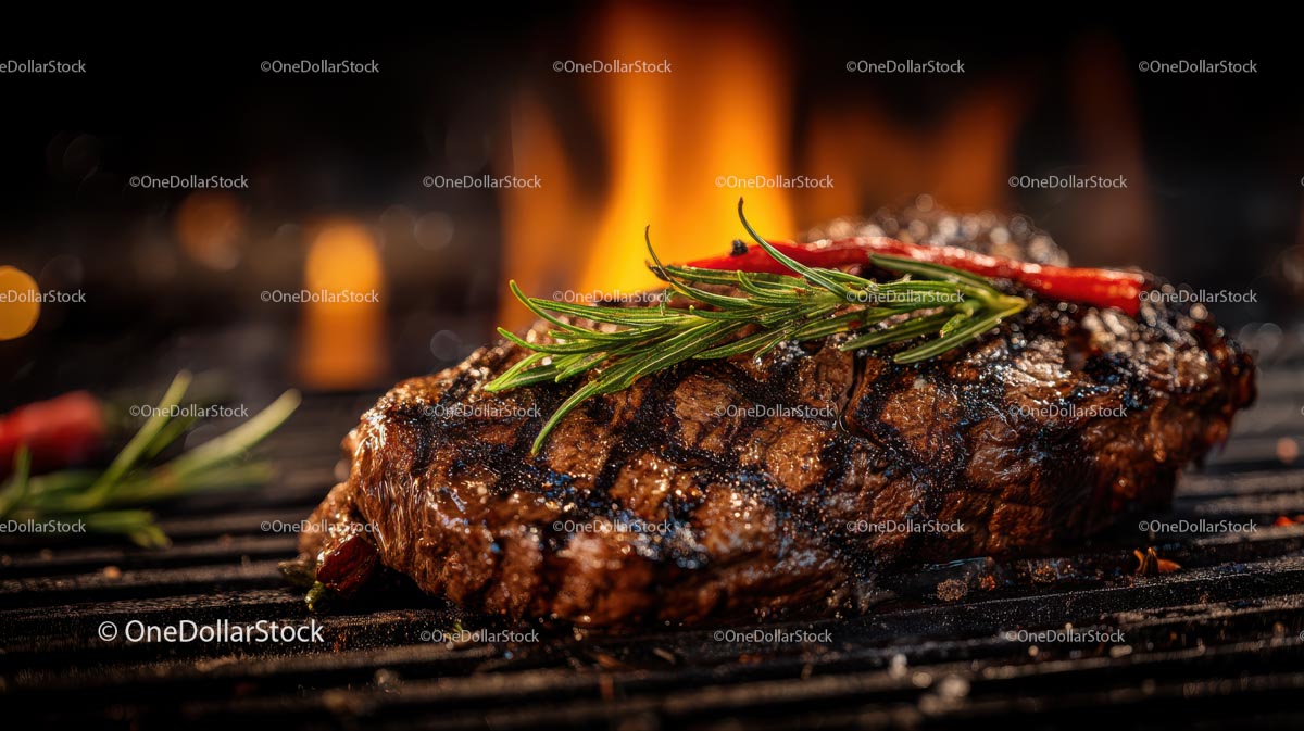 Soczysty grillowany stek z rozmarynem na płonącym grillu