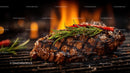 Juicy Grilled Steak with Rosemary on Flaming Grill