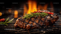 Juicy Grilled Steak with Rosemary on Flaming Grill