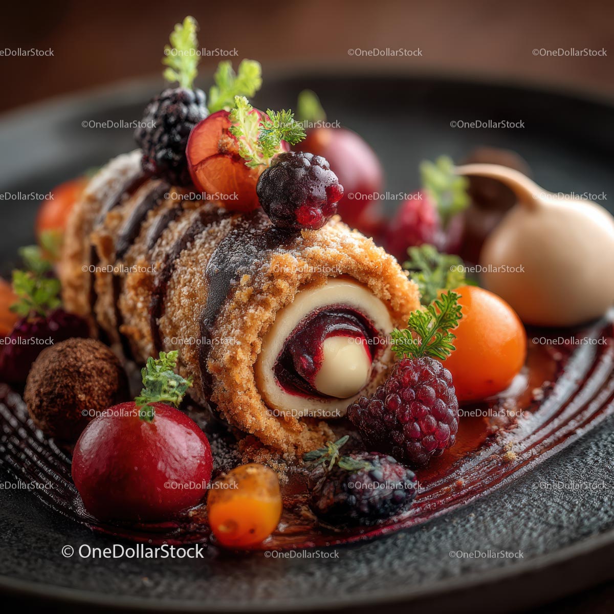 Gourmet Dessert Roll with Berries and Chocolate Drizzle