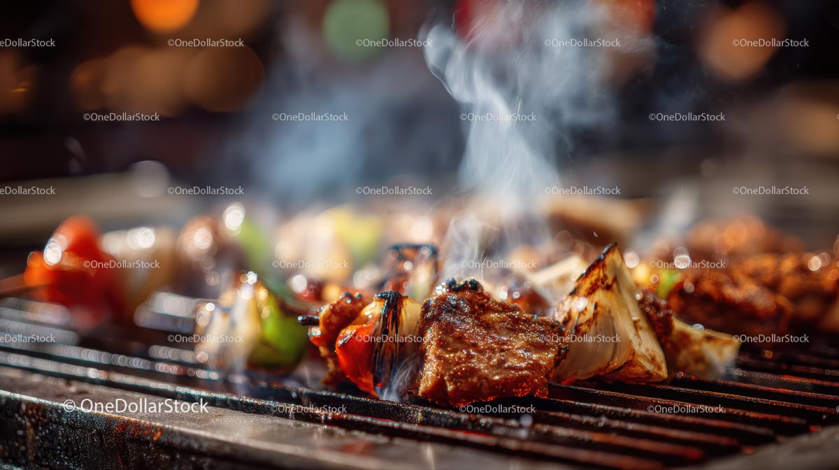 Grilled Meat and Vegetables Smoking on a Barbecue