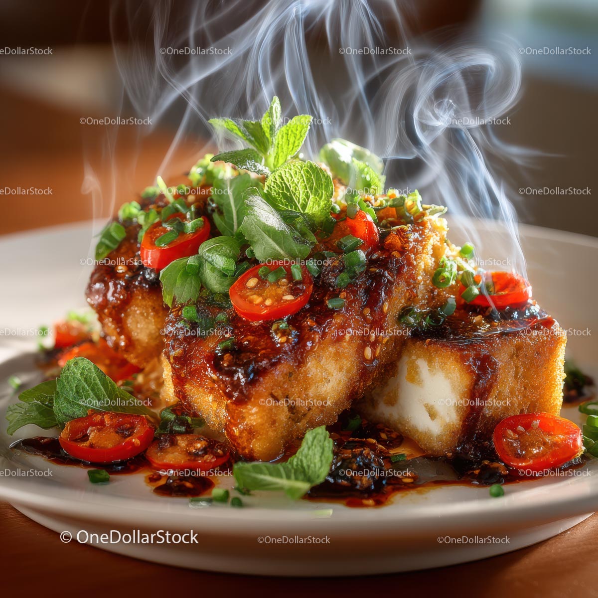 Crispy Tofu with Spicy Glaze and Fresh Herbs