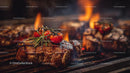 Grilled Steak with Cherry Tomatoes and Rosemary on Flame Grill