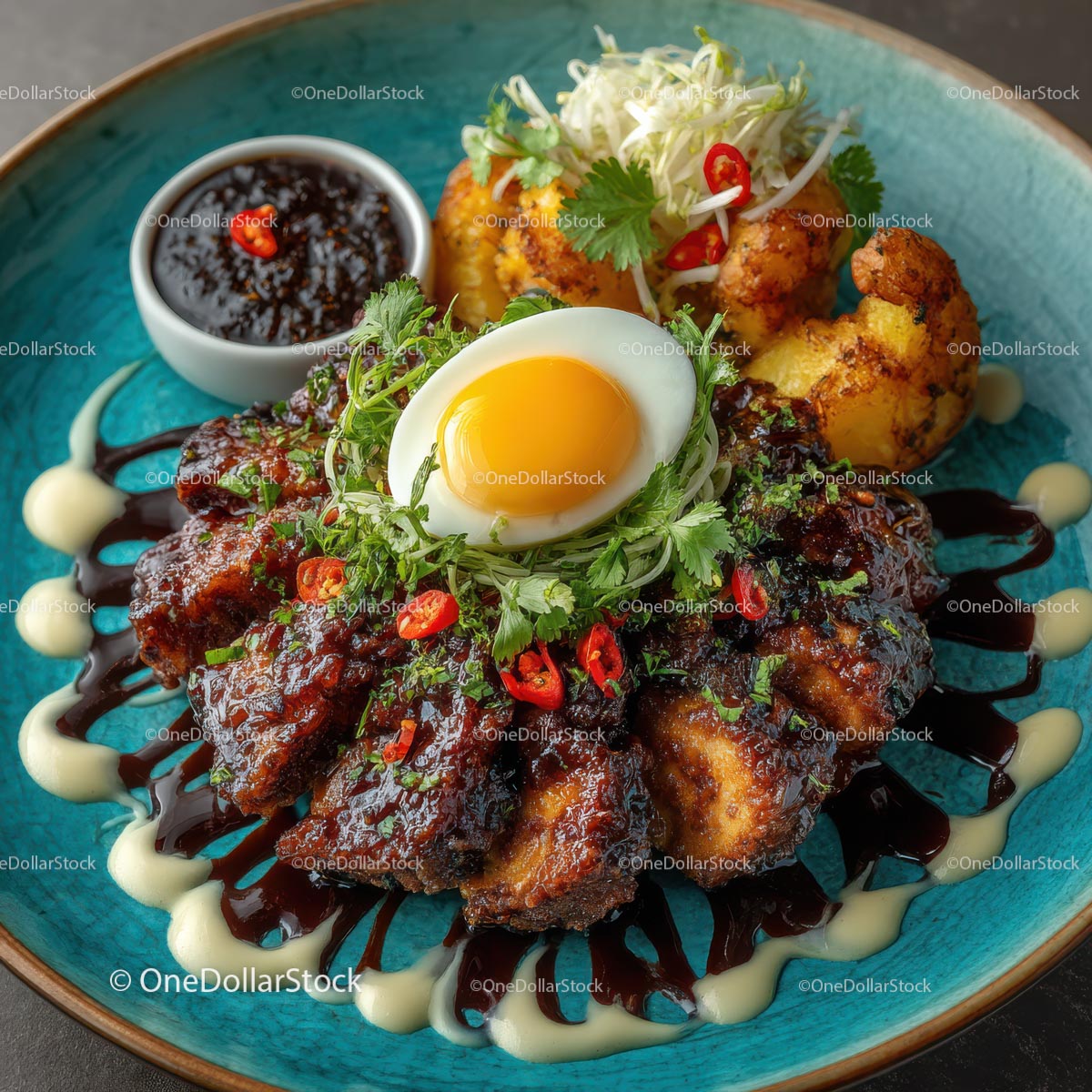 Gourmet Asian Dish with Egg and Cilantro Garnish