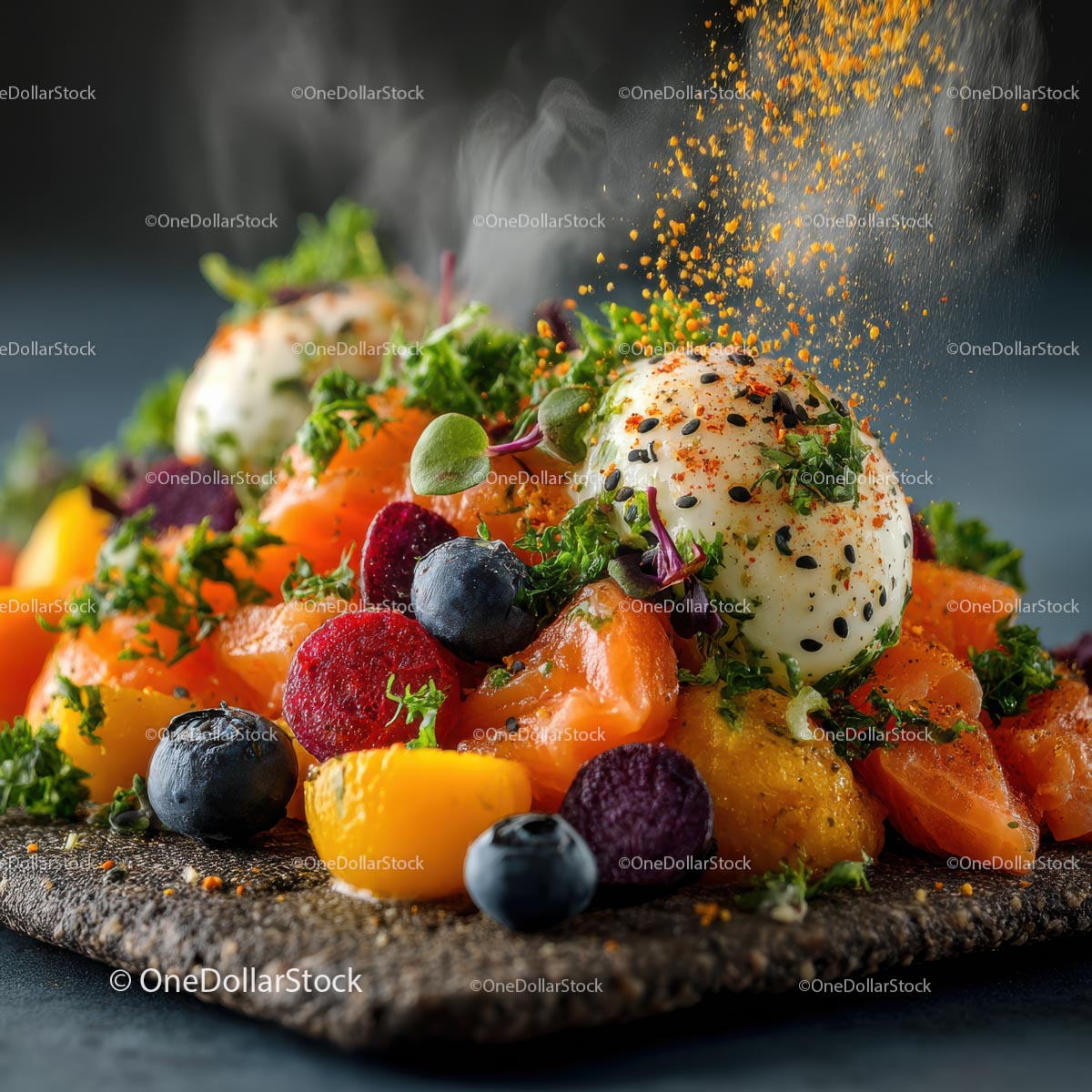 Colorful Gourmet Dish with Fresh Herbs and Vegetables