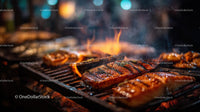 Grilled Salmon on Open Flame Barbecue at Night