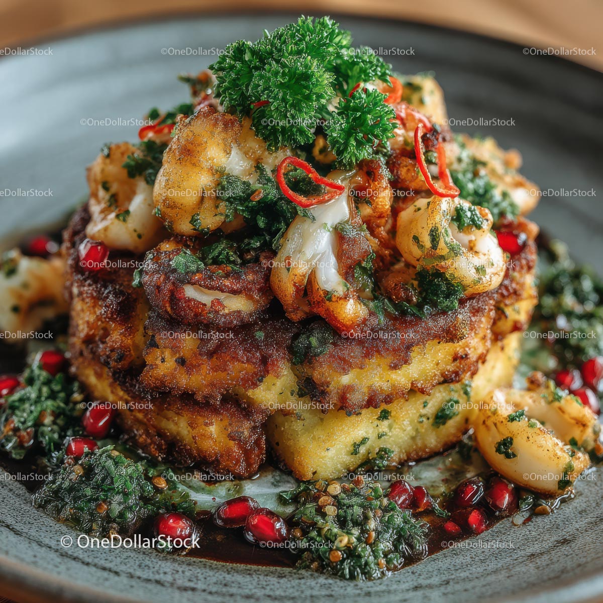 Danie gourmet z grillowanymi krewetkami i natką pietruszki