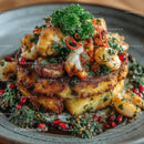 Gourmet Dish with Grilled Prawns and Parsley Garnish