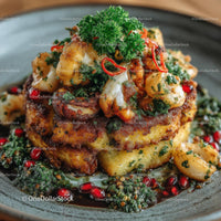 Gourmet Dish with Grilled Prawns and Parsley Garnish