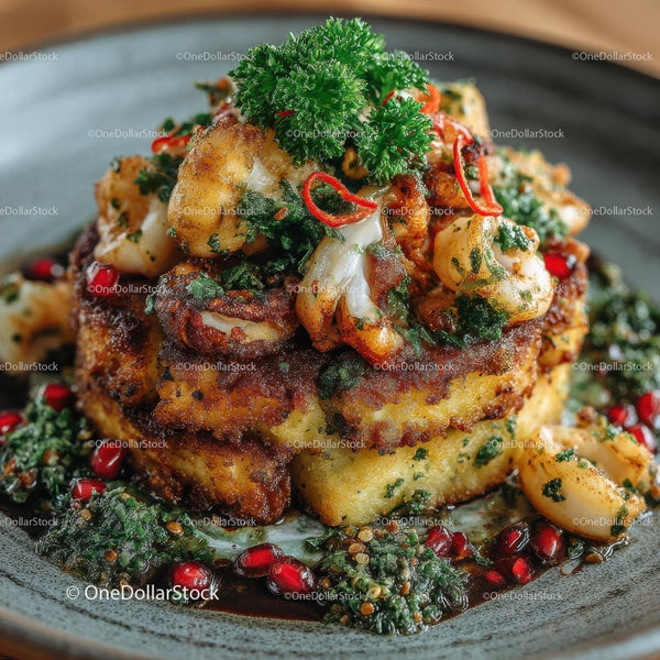 Gourmet Dish with Grilled Prawns and Parsley Garnish