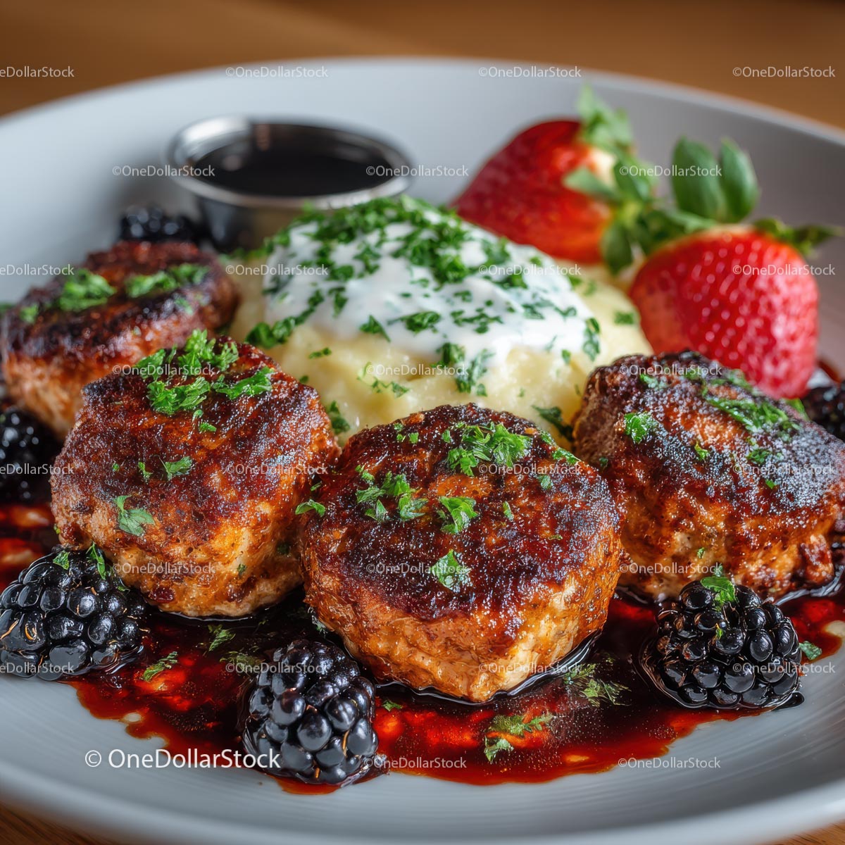 Savory Meat Patties with Mashed Potatoes and Berries